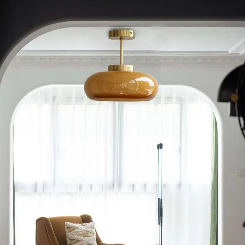 Vintage Brass Yellow Glass 1-Light Semi-Flush Mount Ceiling Light in Brass