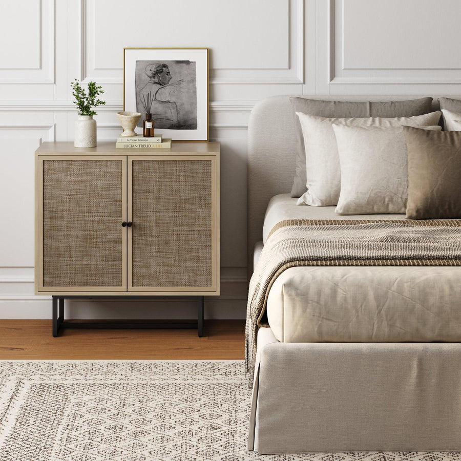 Wood & Rattan Storage Cabinet Light Oak
