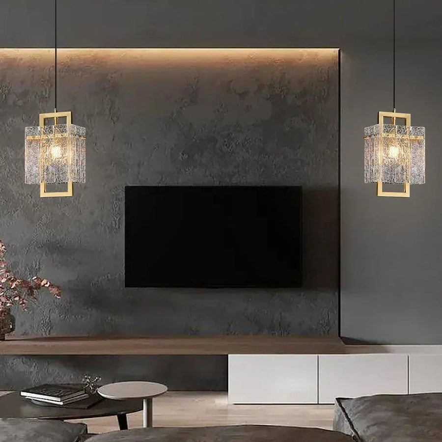 Brass Geometric Pendant Light with Water-Ripple Glass
