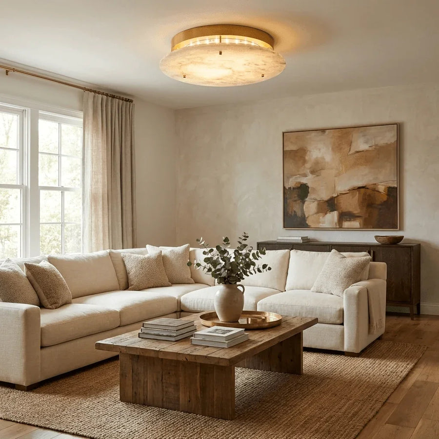 Floating Alabaster Disc Flush Ceiling Light | Brass, 4 Sizes