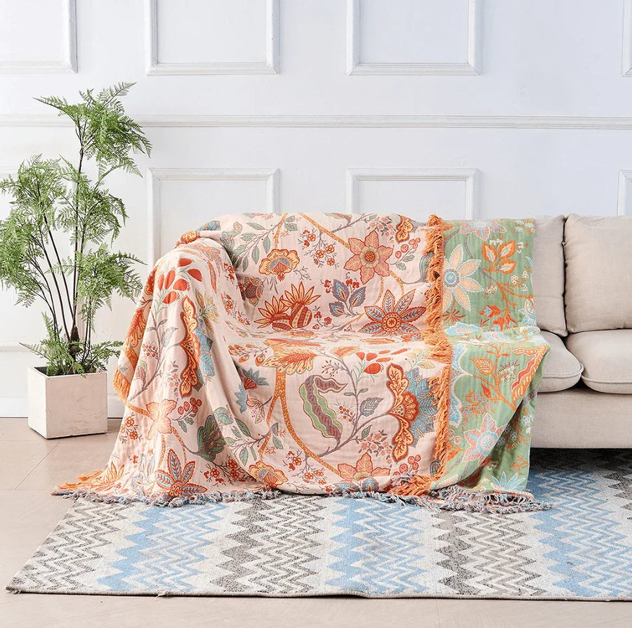 Boho Floral Cotton Throw | Four Layer Gauze with Tassels