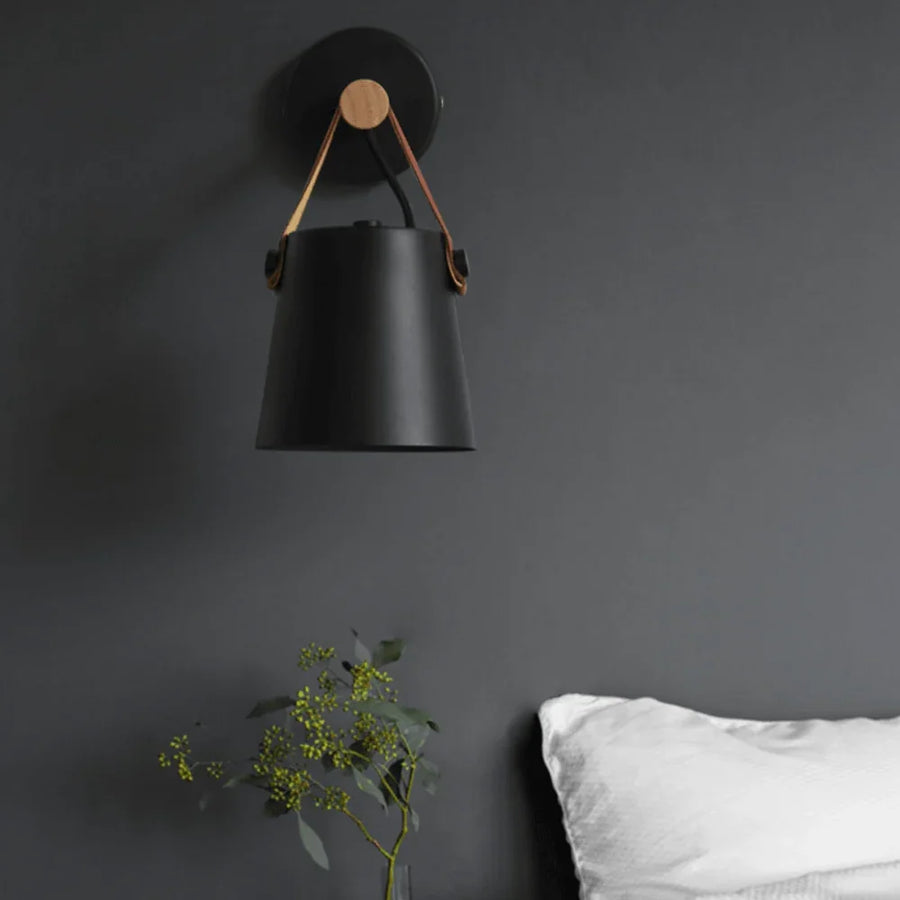 Wood Bar Wall Light with Hanging Strap | Black or White Shade