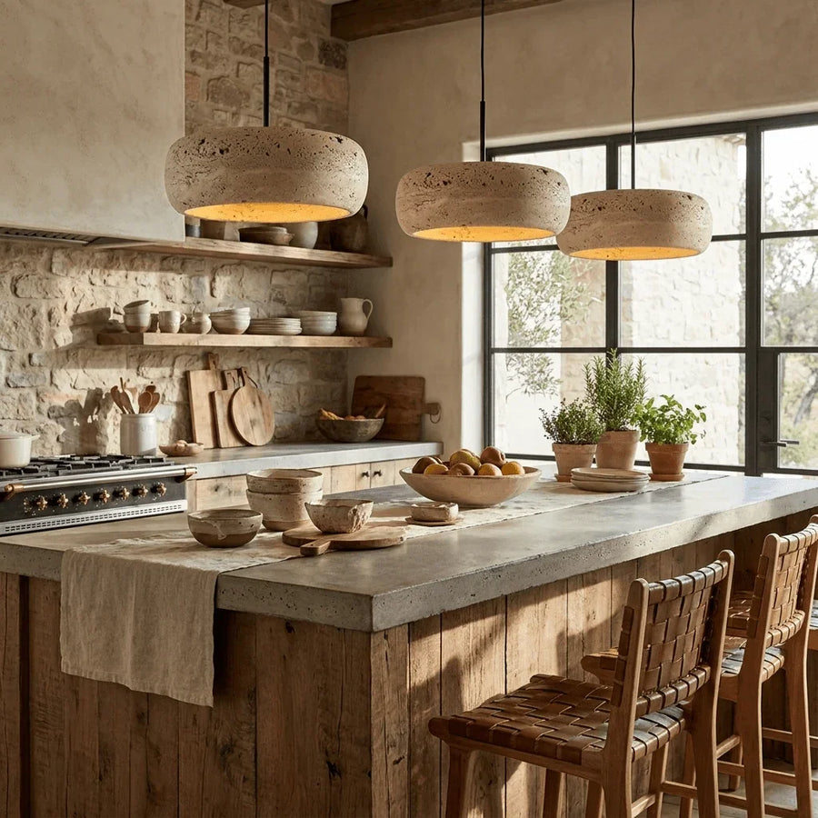 Travertine Ring Pendant Light | Black Downrod, 1 to 3 Heads