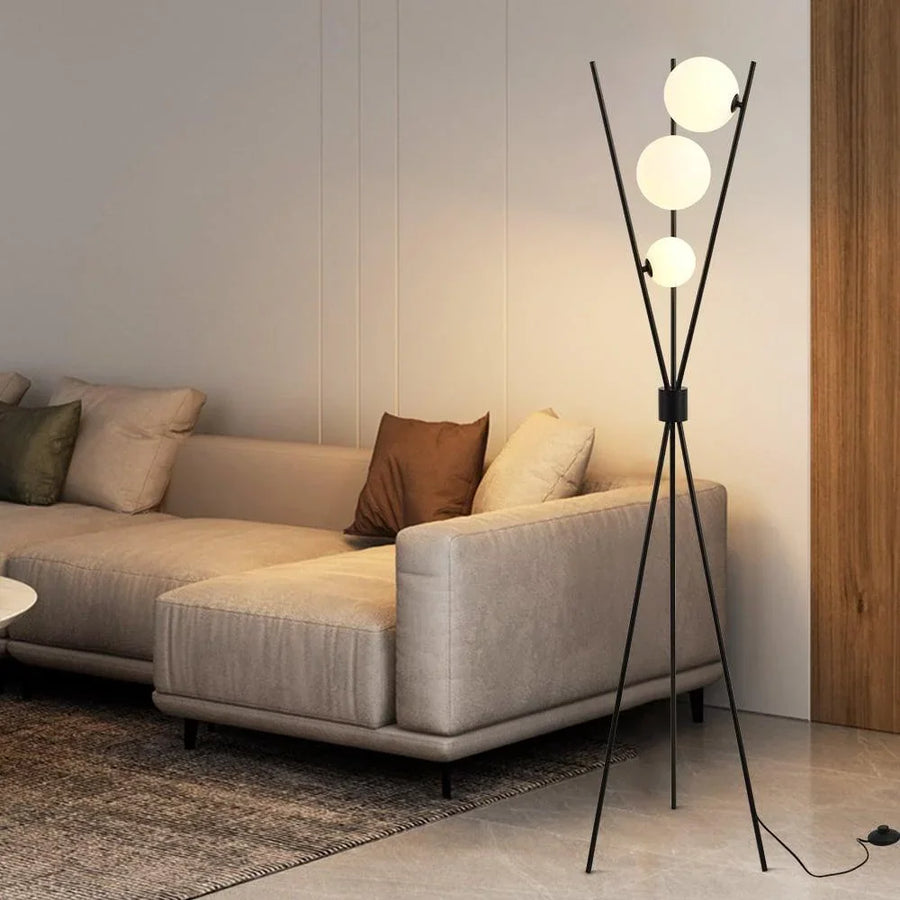 Black Tripod Floor Lamp with Three Glass Shades