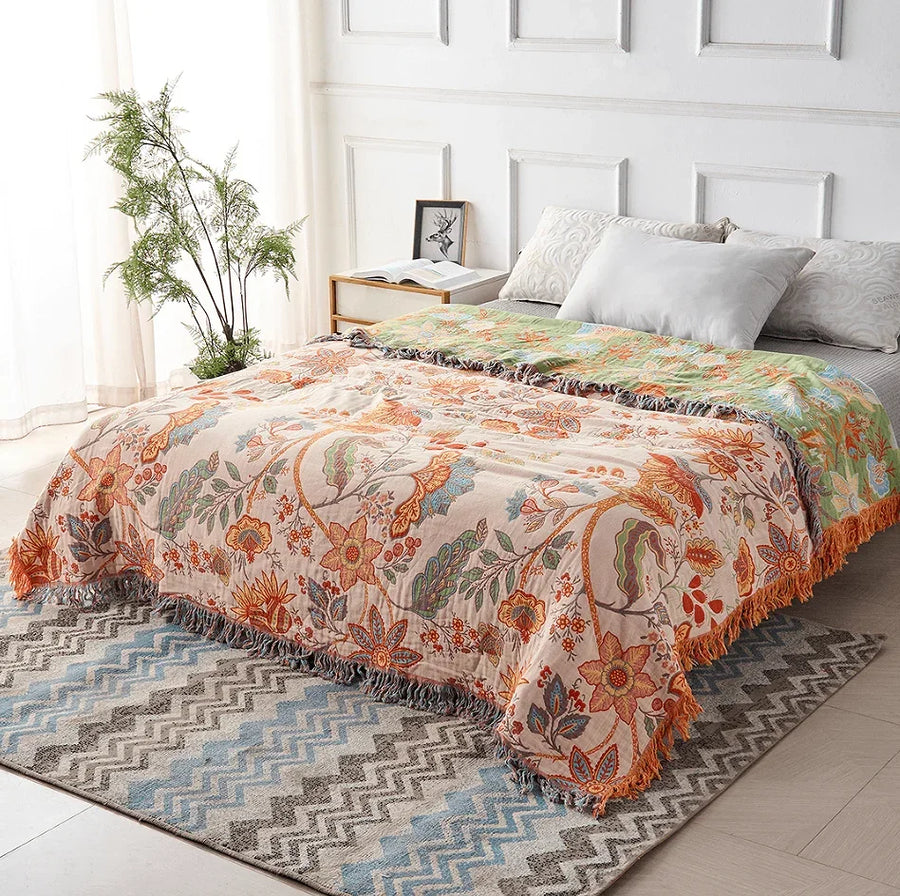 Rustic Floral Boho Blanket | 100% Cotton Floral Blanket