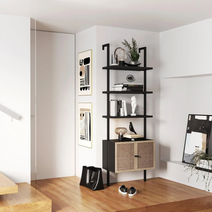 Black Ladder Bookshelf with Rattan-Effect Doors