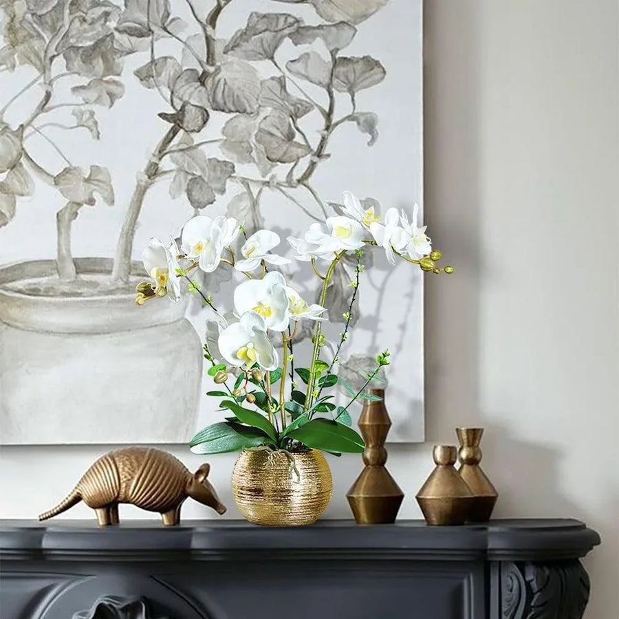 Artificial White Orchids in Gold Ceramic Pots