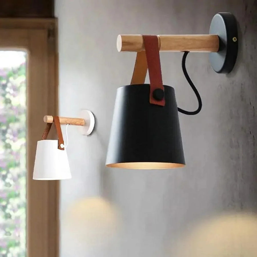 Wood and Leather Strap Wall Light | Metal Bucket Shade
