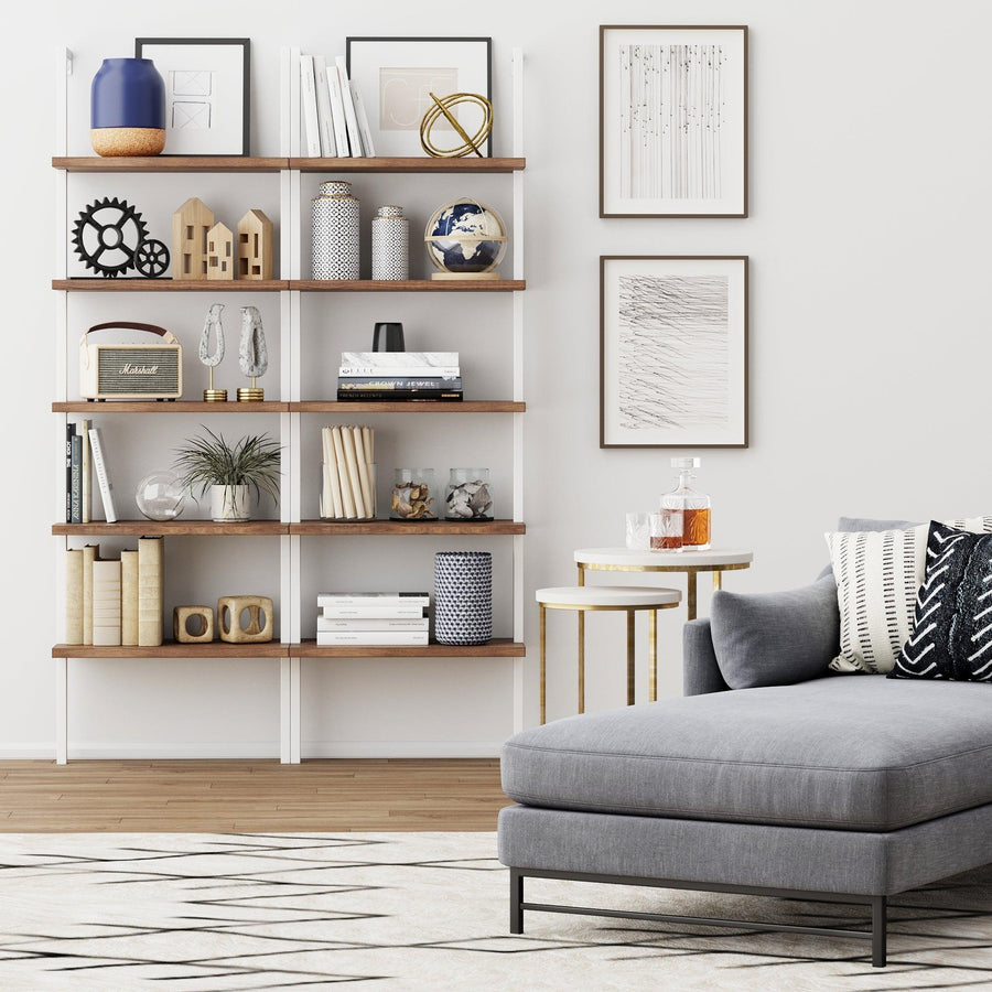 Oak and White 5-Shelf Ladder Bookshelf