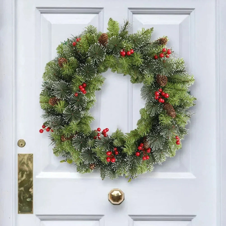 Pre-lit frosted pine Christmas wreath with berries and pine cones