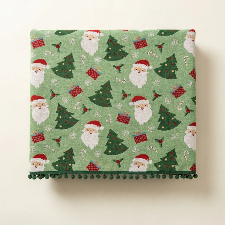 Sage green Christmas tablecloth with pom pom trim