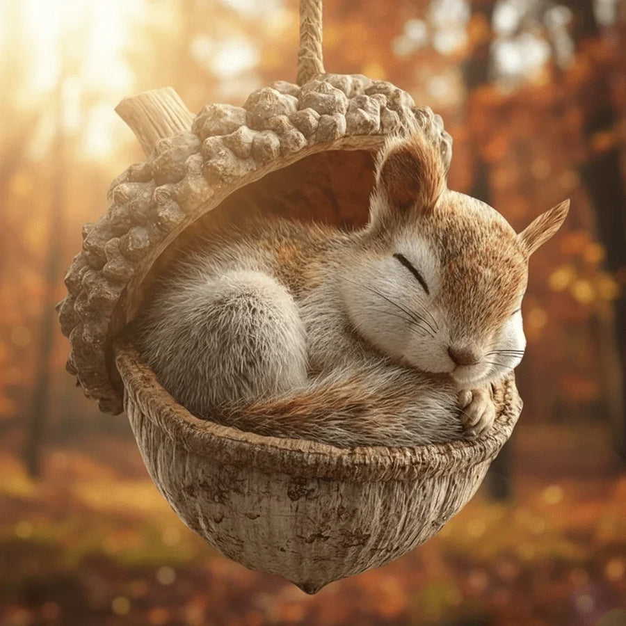 Sleeping woodland animal in an acorn Christmas ornament