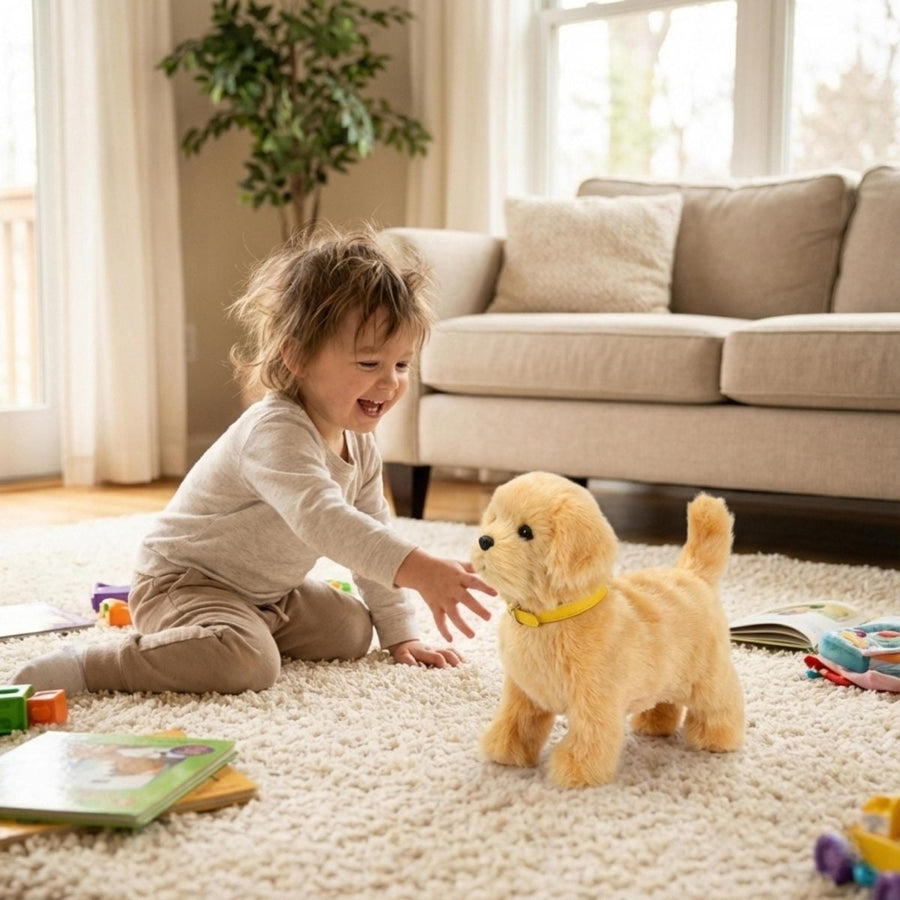 Walking and barking golden plush puppy toy