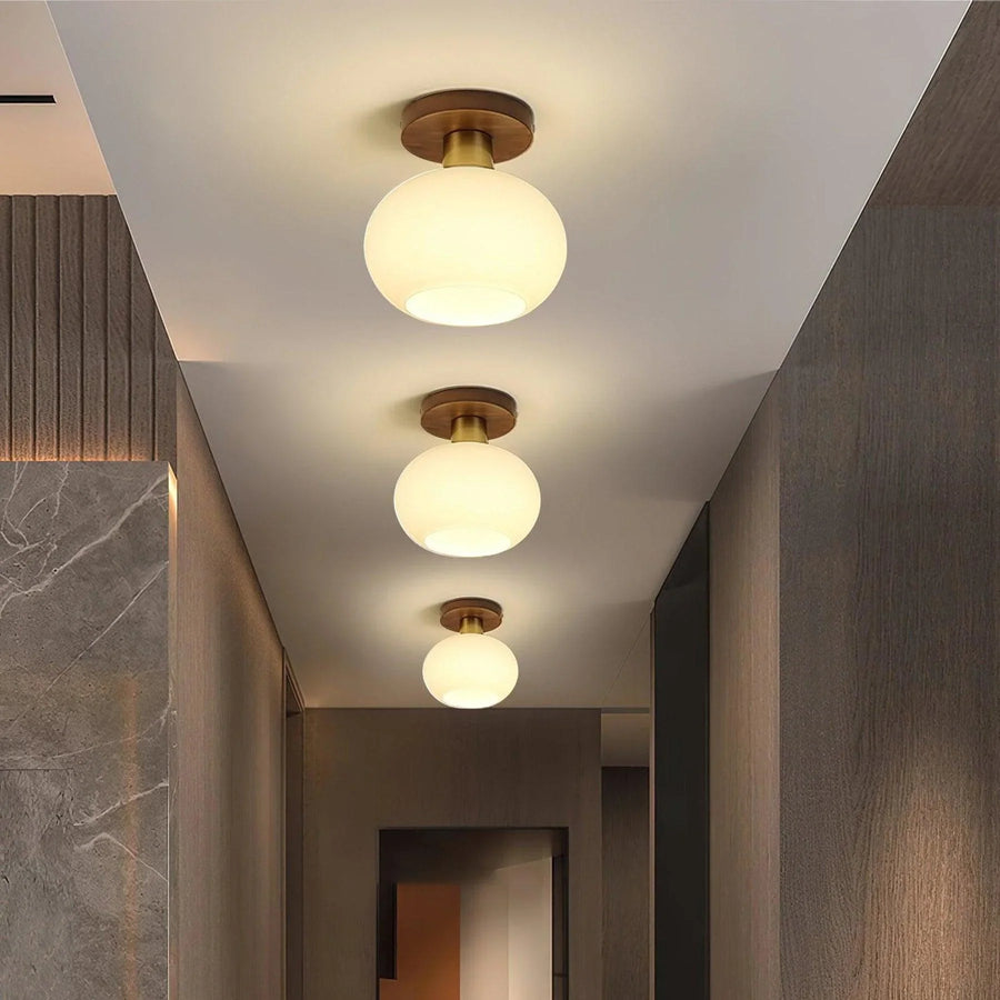 Walnut and opal glass ceiling light