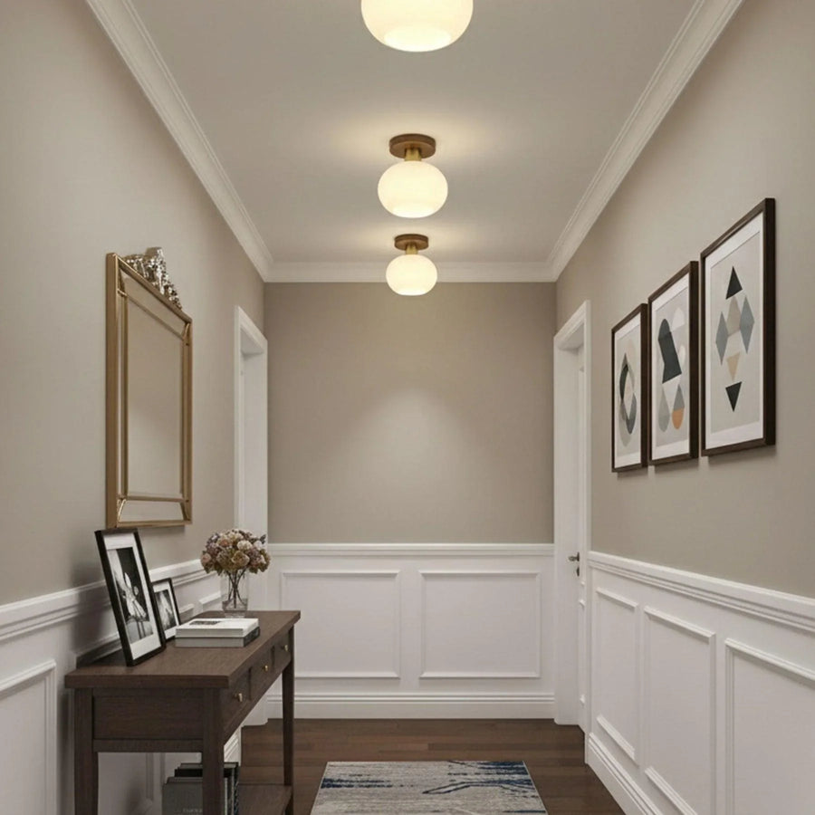 Walnut and opal glass ceiling light