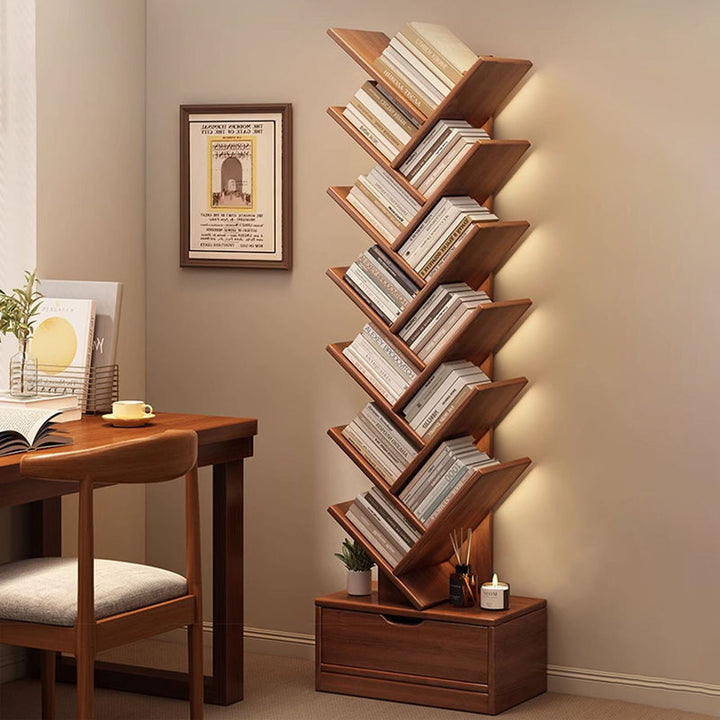 Tree Bookshelf with Drawer | Walnut or Natural, 6 to 12 Tiers