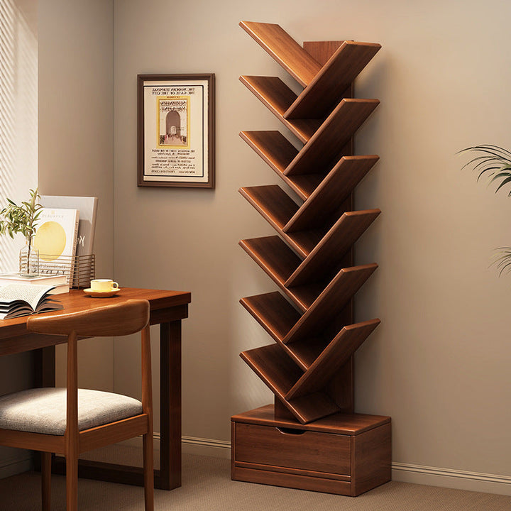 Tree Bookshelf with Drawer | Walnut or Natural, 6 to 12 Tiers