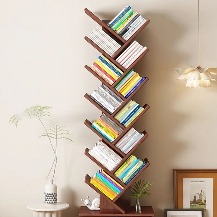 Tree Bookshelf with Drawer | Walnut or Natural, 6 to 12 Tiers