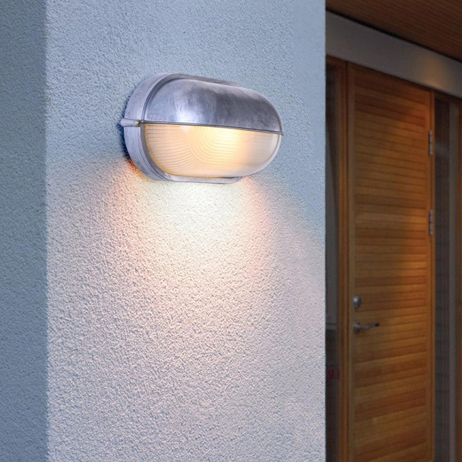 Bulkhead Outdoor Wall Light | Galvanised Silver or Brass, Ribbed Glass