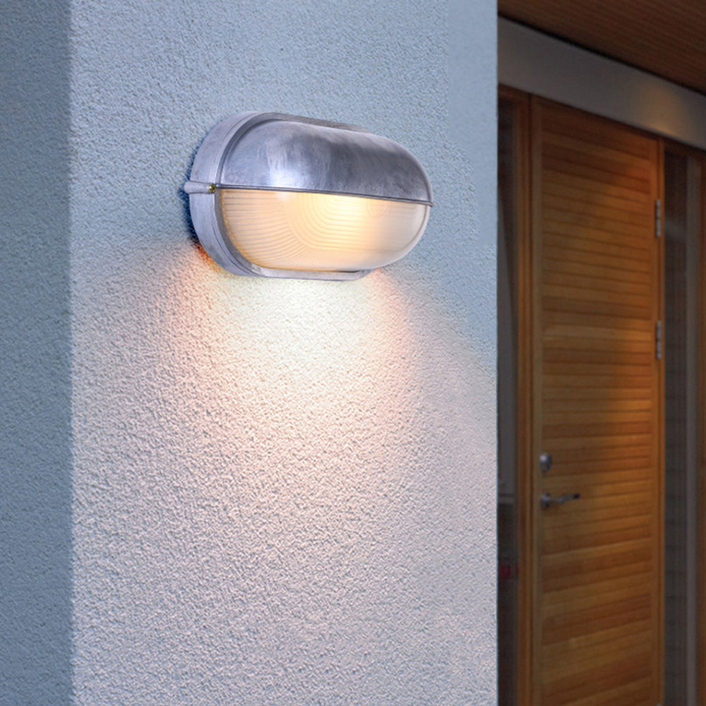 Bulkhead Outdoor Wall Light | Galvanised Silver or Brass, Ribbed Glass