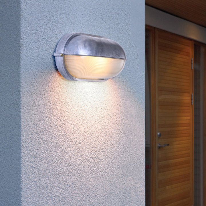 Bulkhead Outdoor Wall Light | Galvanised Silver or Brass, Ribbed Glass