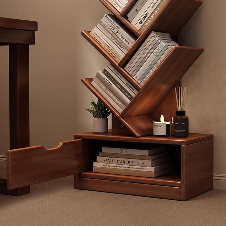 Tree Bookshelf with Drawer | Walnut or Natural, 6 to 12 Tiers