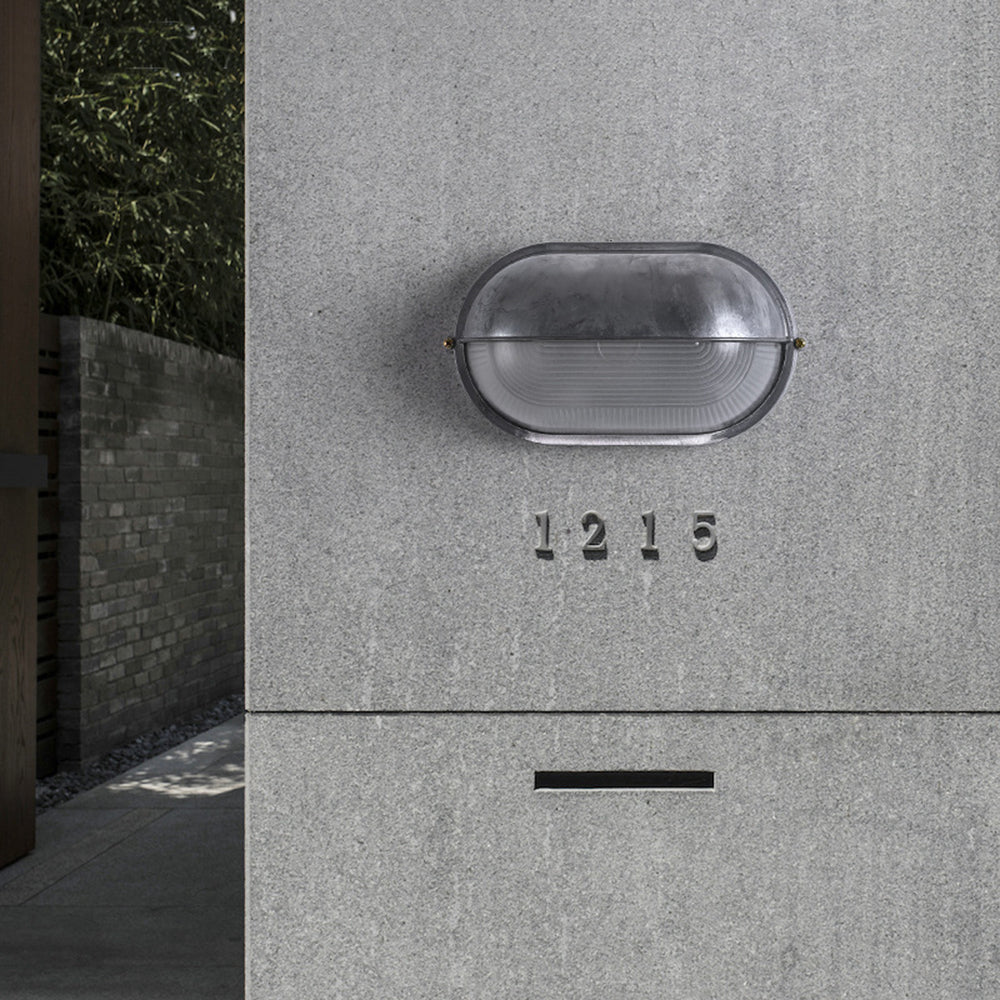 Bulkhead Outdoor Wall Light | Galvanised Silver or Brass, Ribbed Glass