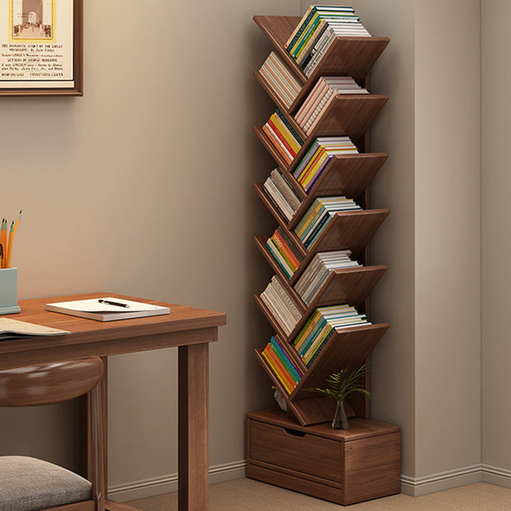 Tree Bookshelf with Drawer | Walnut or Natural, 6 to 12 Tiers