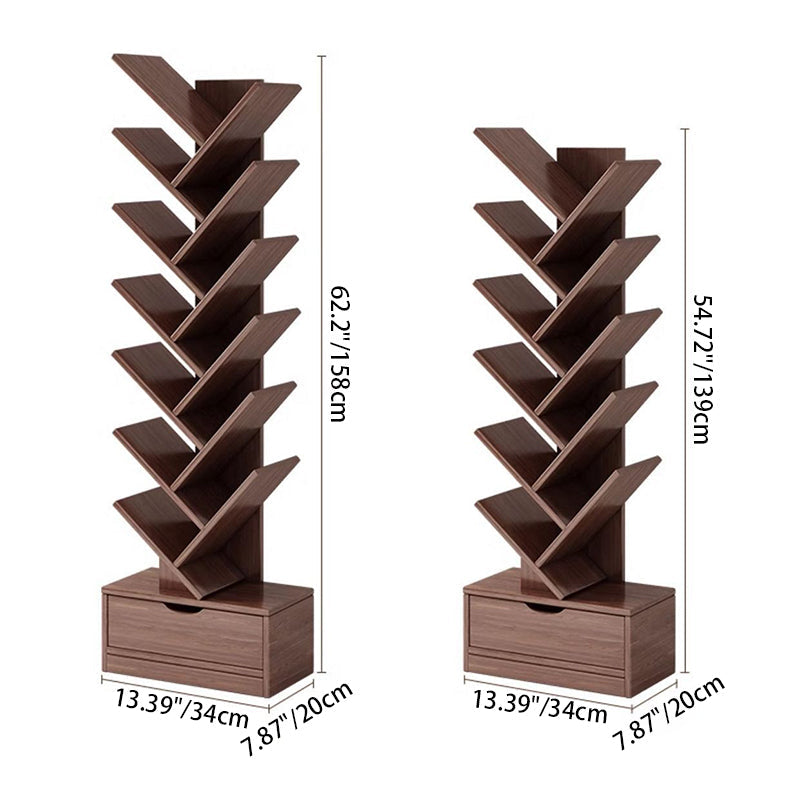 Tree Bookshelf with Drawer | Walnut or Natural, 6 to 12 Tiers