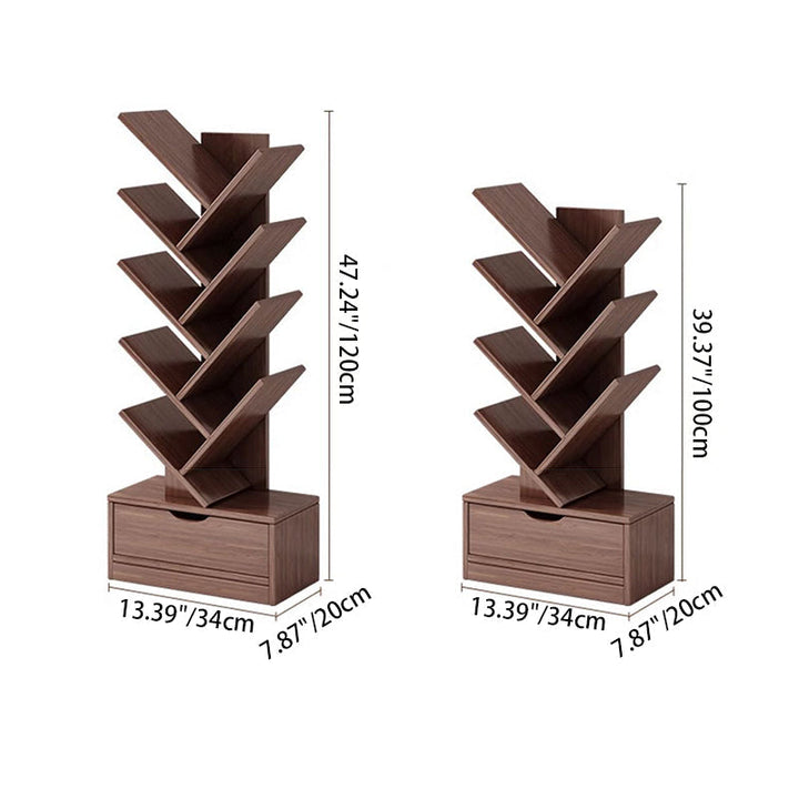 Tree Bookshelf with Drawer | Walnut or Natural, 6 to 12 Tiers