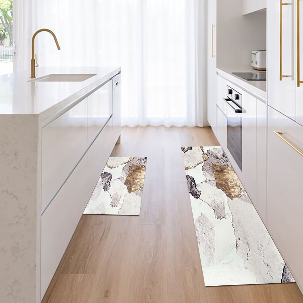 Gold Abstract Non-Slip Kitchen Runner Mats, Set of 2