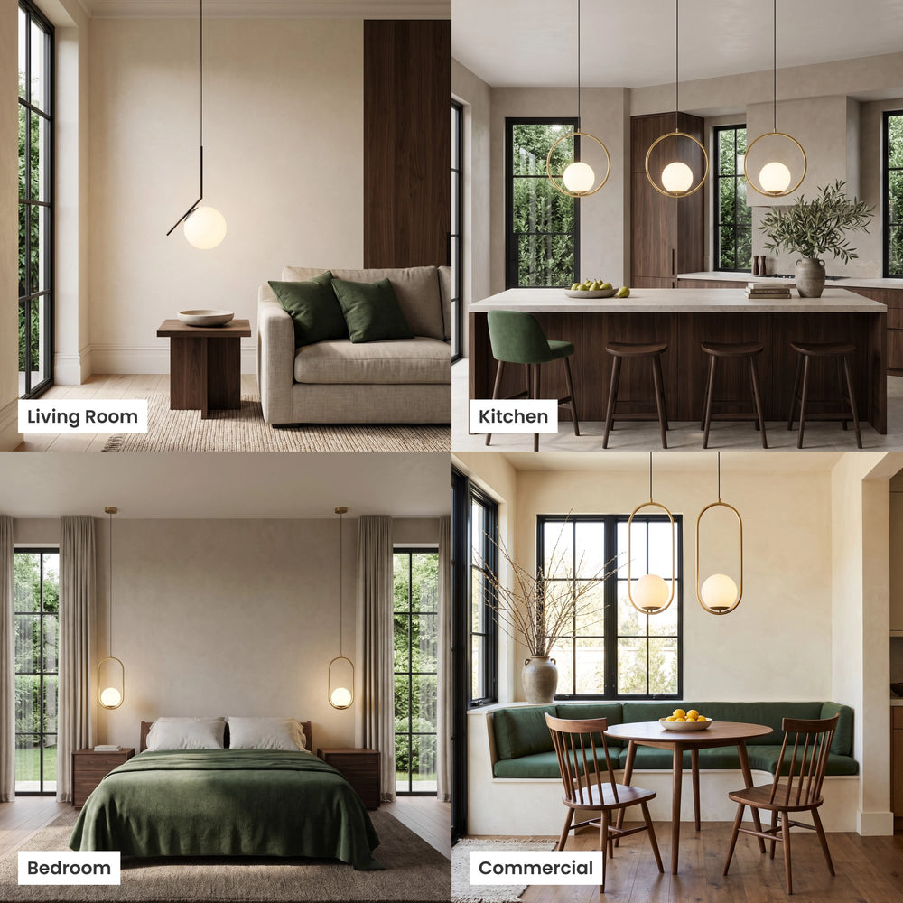 Opal Globe and Ring Pendant Light | Brass or Black