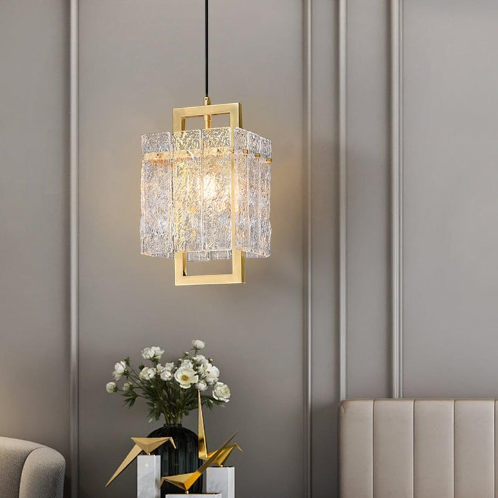 Brass Geometric Pendant Light with Water-Ripple Glass