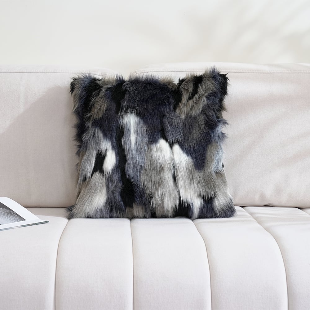 Faux Fur and Velvet Cushion Cover in Blue and Grey