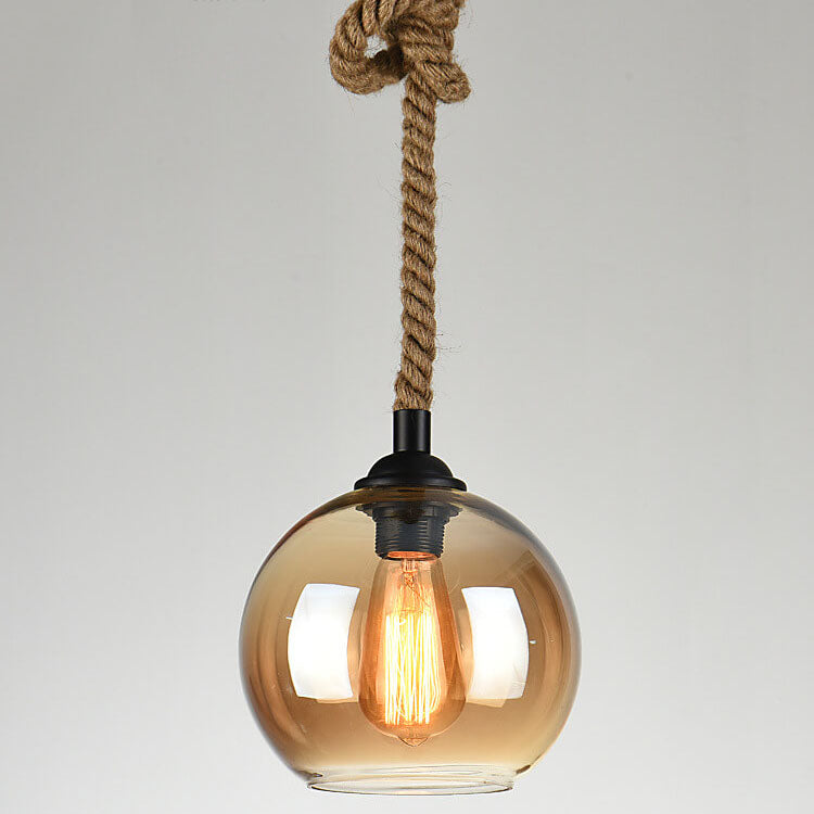 Traditional Vintage Glass Metal Rope Hanging Round 1-Light Pendant Light for Living Room