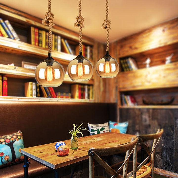 Traditional Vintage Glass Metal Rope Hanging Round 1-Light Pendant Light for Living Room