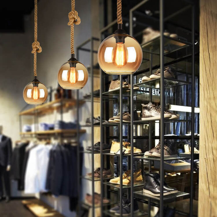 Traditional Vintage Glass Metal Rope Hanging Round 1-Light Pendant Light for Living Room