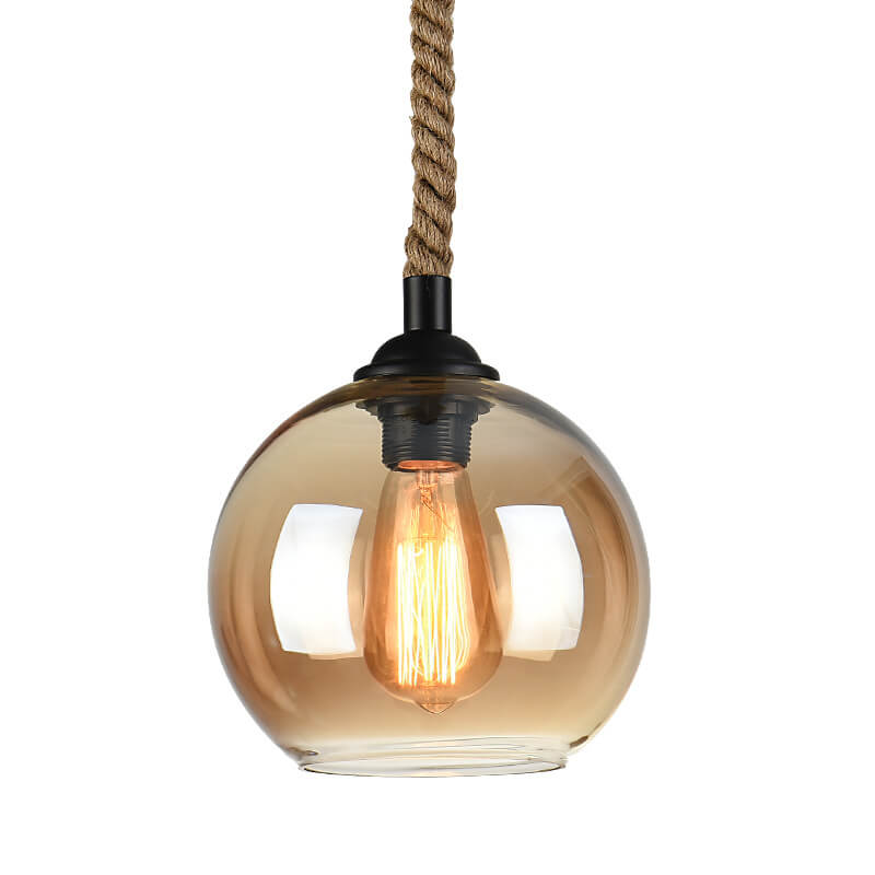 Traditional Vintage Glass Metal Rope Hanging Round 1-Light Pendant Light for Living Room