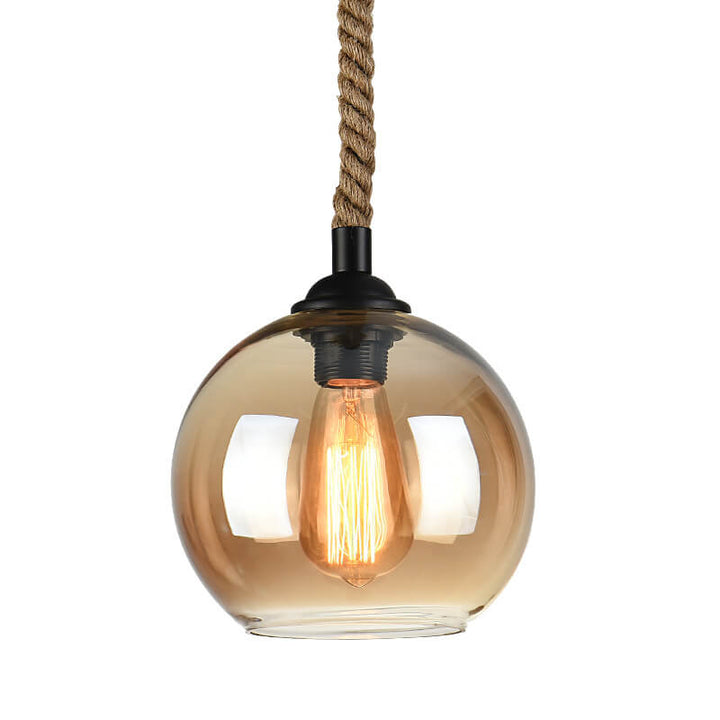 Traditional Vintage Glass Metal Rope Hanging Round 1-Light Pendant Light for Living Room