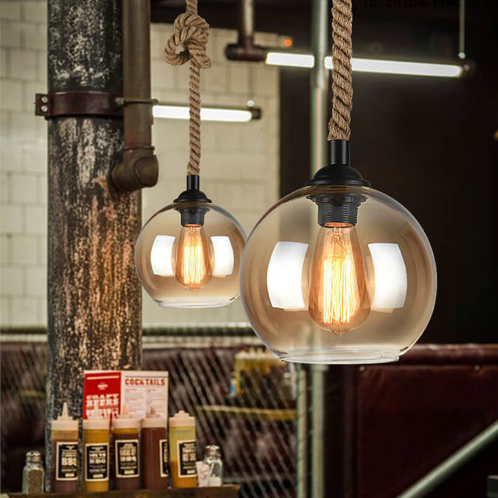 Traditional Vintage Glass Metal Rope Hanging Round 1-Light Pendant Light for Living Room