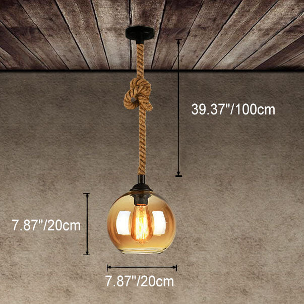 Traditional Vintage Glass Metal Rope Hanging Round 1-Light Pendant Light for Living Room