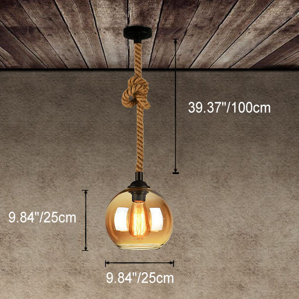 Traditional Vintage Glass Metal Rope Hanging Round 1-Light Pendant Light for Living Room