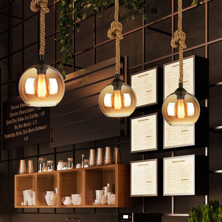 Traditional Vintage Glass Metal Rope Hanging Round 1-Light Pendant Light for Living Room