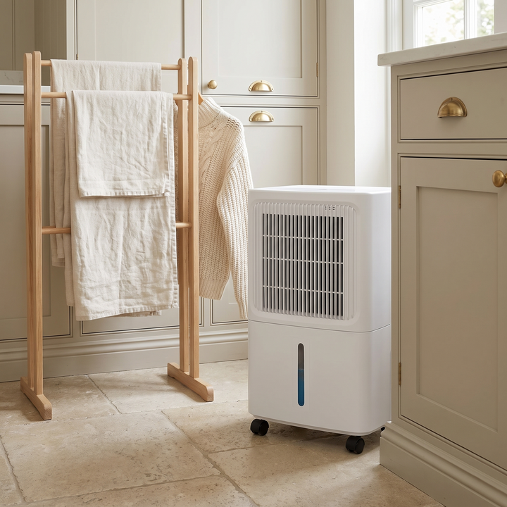 12L compressor dehumidifier next to a drying rack in a utility room