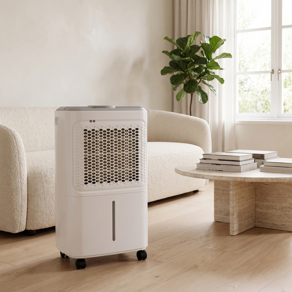 12L smart dehumidifier beside a boucle sofa in a bright living room