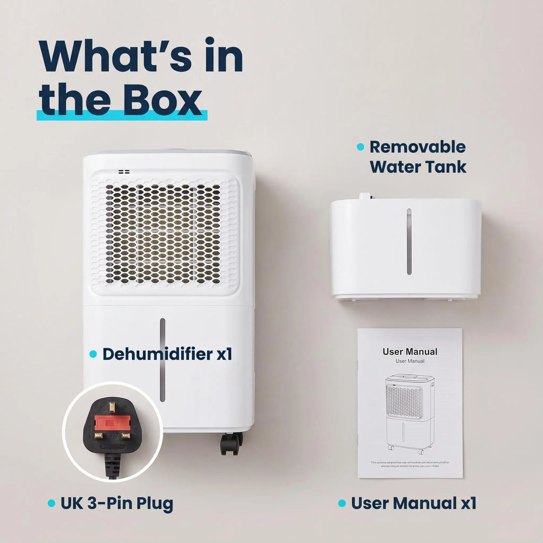 What is in the box: dehumidifier, removable water tank, user manual and UK 3-pin plug
