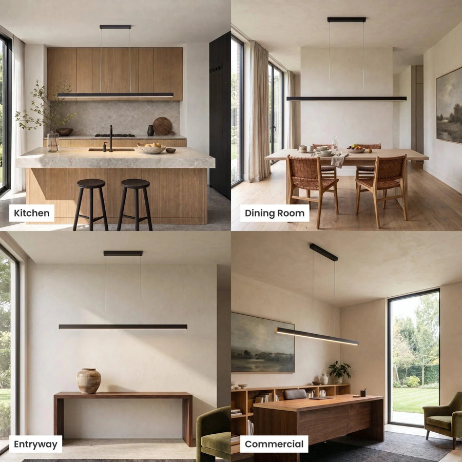 Linear LED Pendant Light | Black or Copper, Wood Detail