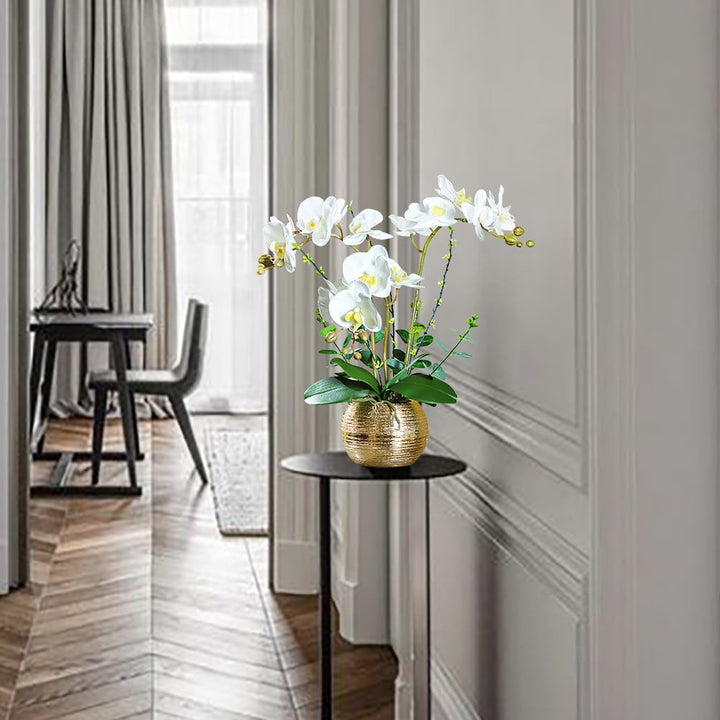 Artificial White Orchids in Gold Ceramic Pots