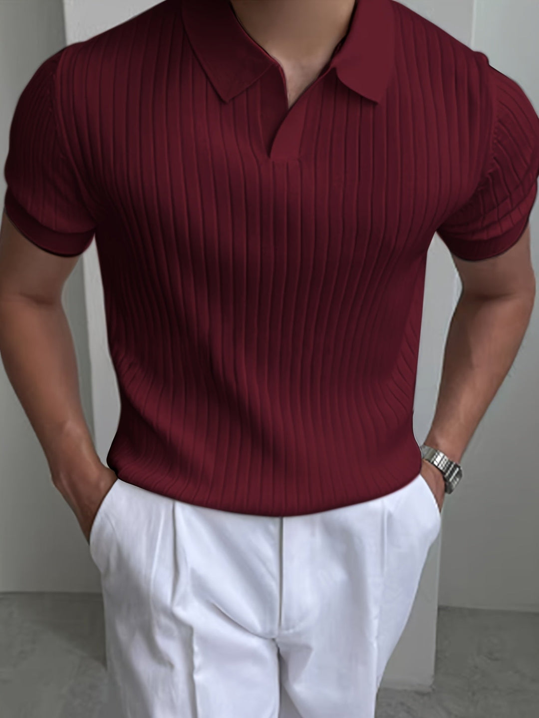 Men's Short-Sleeve Ribbed Open-Collar Summer Polo Shirt – image 12