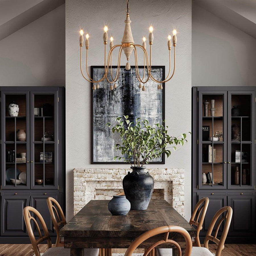 Eight-Light Candle-Style Wood and Gold Chandelier